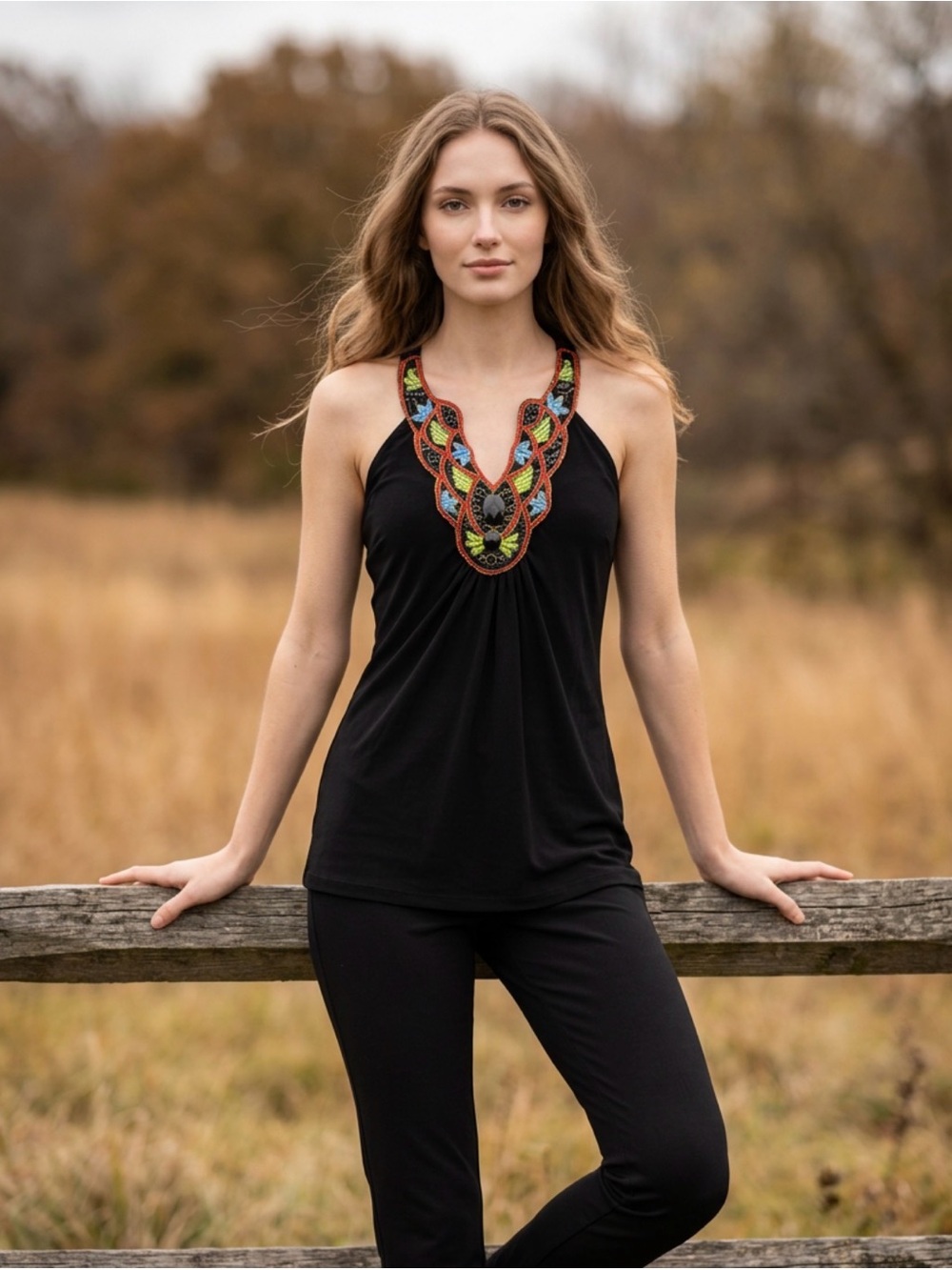 Black Embellished Halter Camisole with Multicolor Beaded Neckline Boho Western